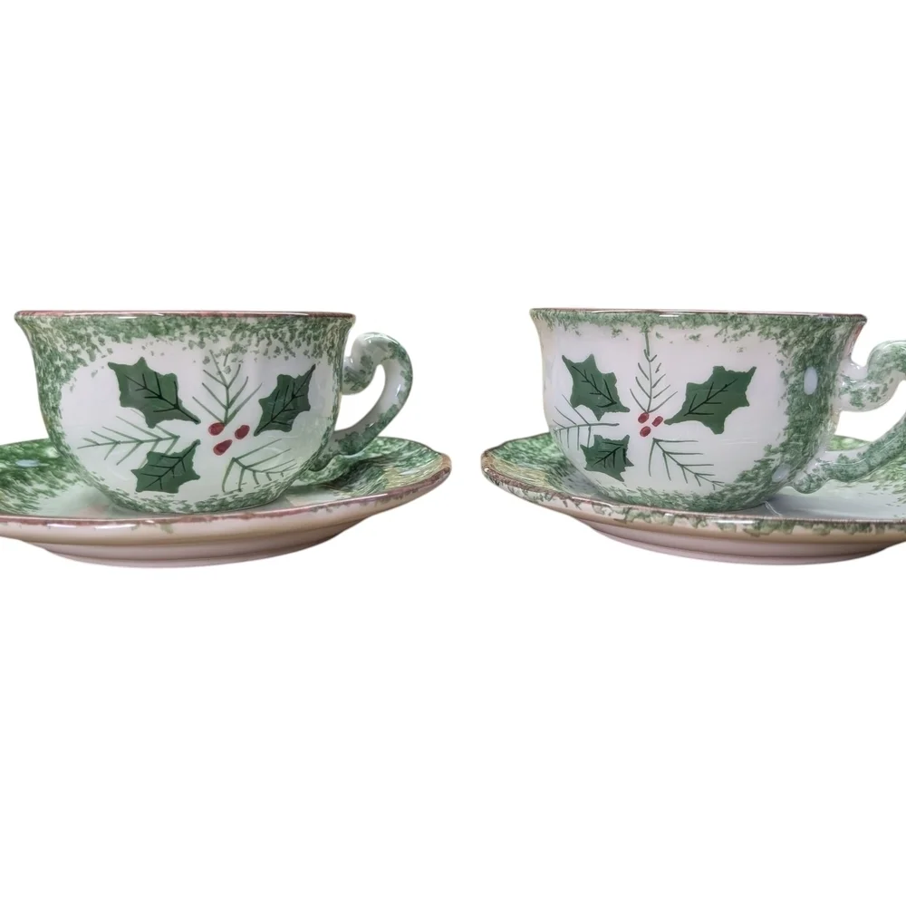 Festive Green White Holly Mistletoe Teacup Set Matching Cups Saucers Coffee Tea